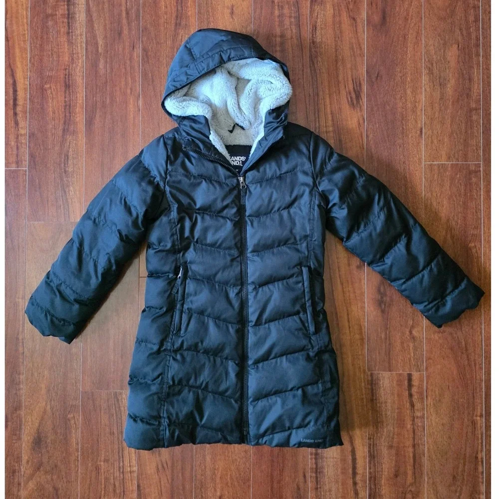 Lands End Girls Black Puffer Parka Sherpa Lined Hood Winter Coat Size M 8